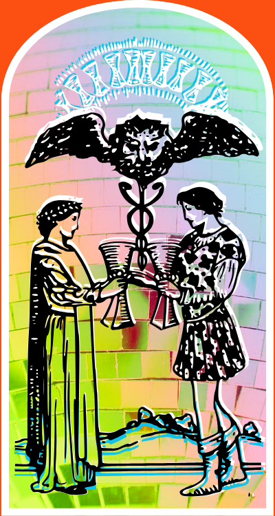 A digitally illustrated image of two women exchanging a torch, with a black bat with outstretched wings, a lion's face, and a caduceus symbol above them, set against a colorful brick wall background.