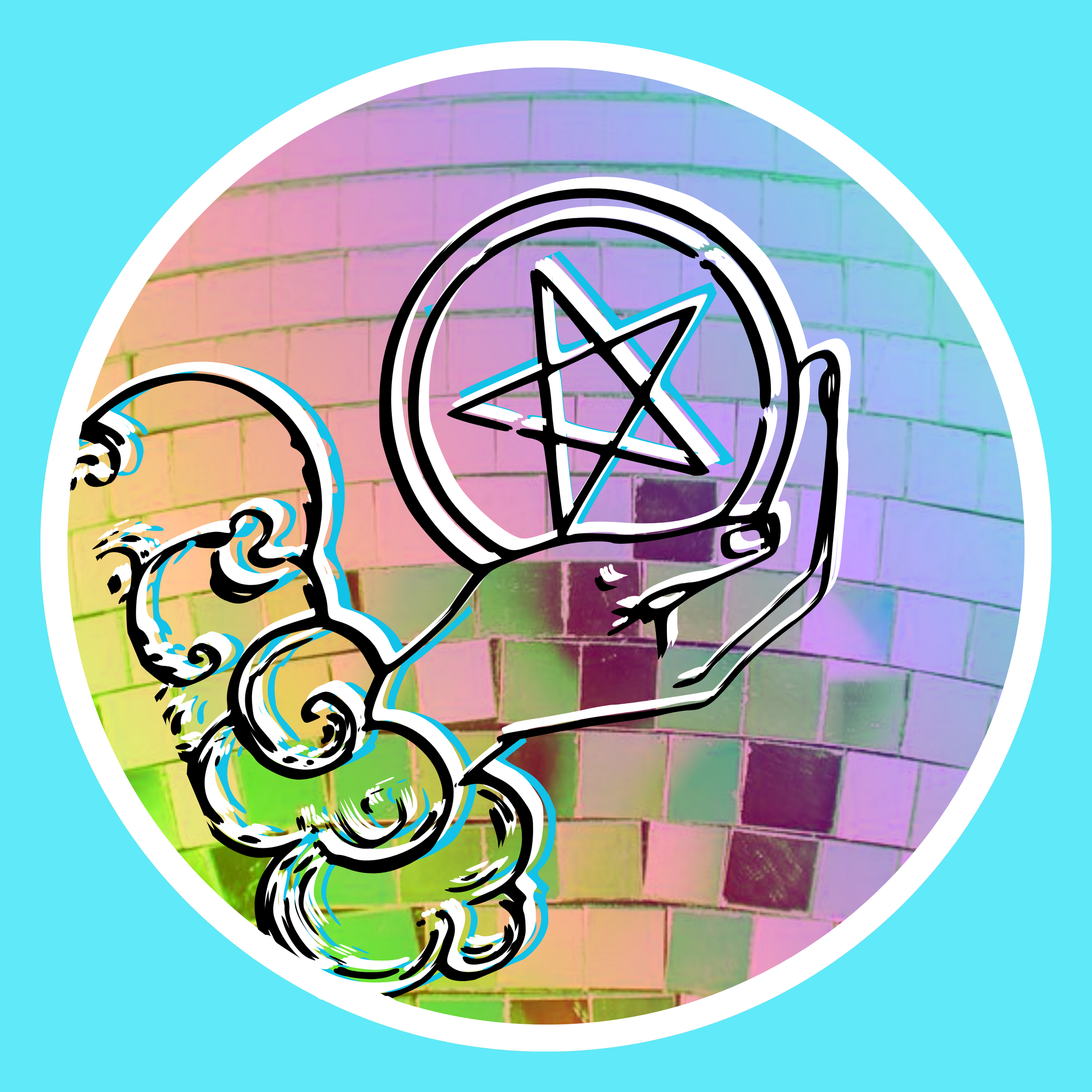 A digital illustration featuring a neon-style drawing of a hand holding a coin with a pentagram symbol. The background is a rainbow-colored brick wall, and the entire scene is framed by a turquoise circular border.