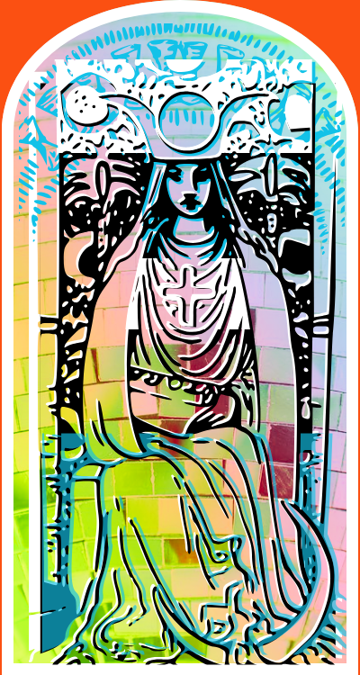 Artwork depicting a stylized, colorful illustration of a woman with long hair, holding a sphere above her head, surrounded by abstract patterns and a rainbow background.