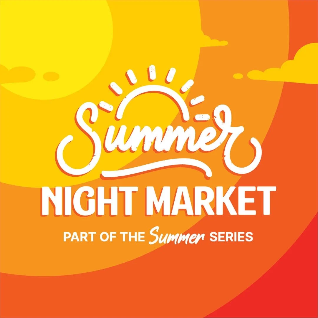 Graphic design with bright yellow and orange background, featuring a stylized sun image and text that reads 'Summer Night Market' and 'Part of the Summer Series' in white and orange fonts.