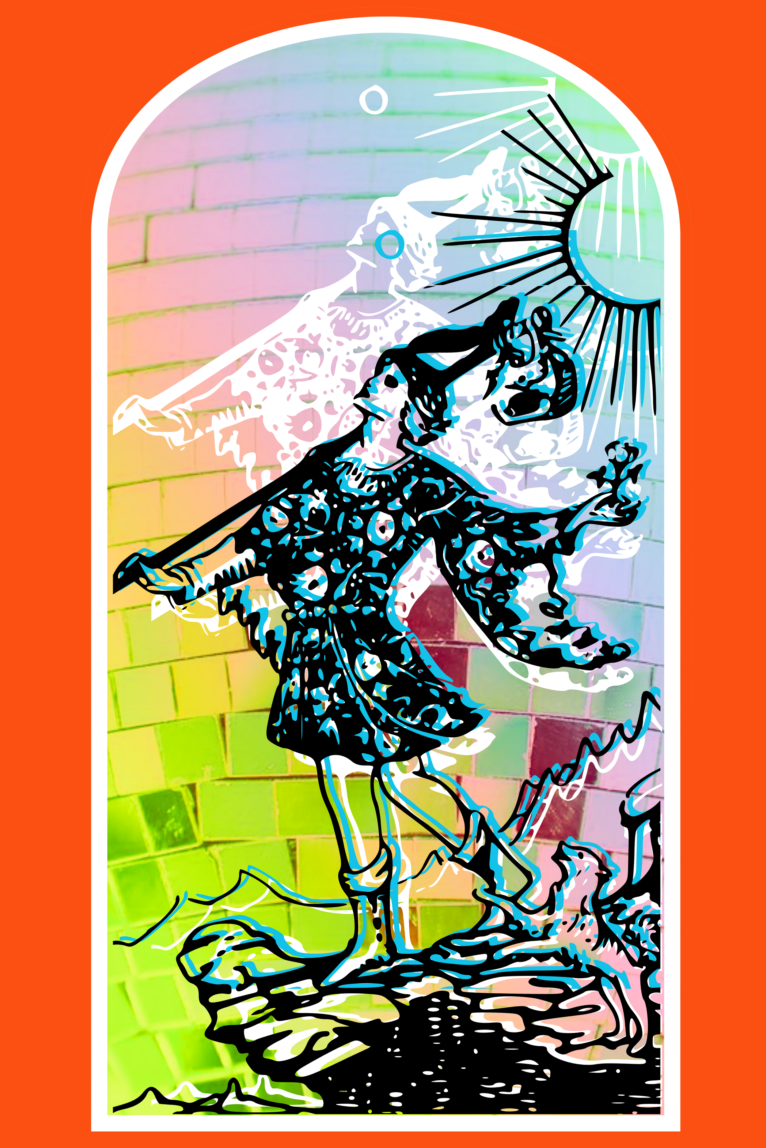 Colorful street art mural of a figure in a cloak holding a sword, standing on rocks with a dog nearby, background features a brick wall and a stylized sun with radiating lines.
