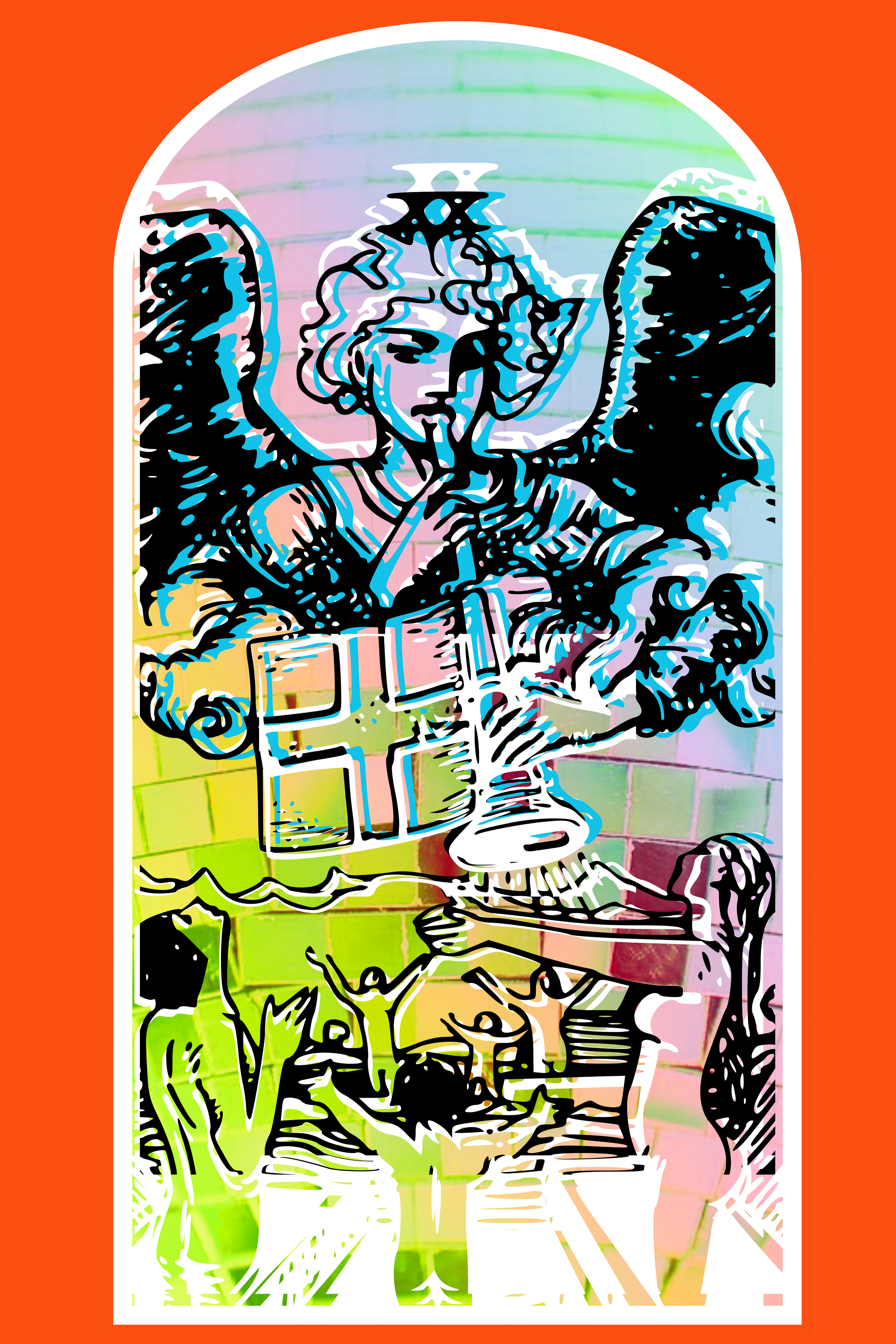 Street art mural of an angel with curly hair and wings, holding a candle and a cross, over a colorful brick wall background, framed with an orange border.