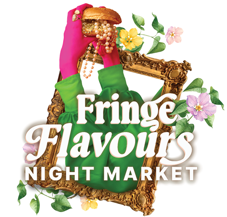 A woman in a green outfit with bright pink gloves is holding a sandwich with beads and jewelry hanging from it. She is sitting on an ornate gold chair, surrounded by colorful flowers, with the text 'Fringe Flavours Night Market' overlaid.