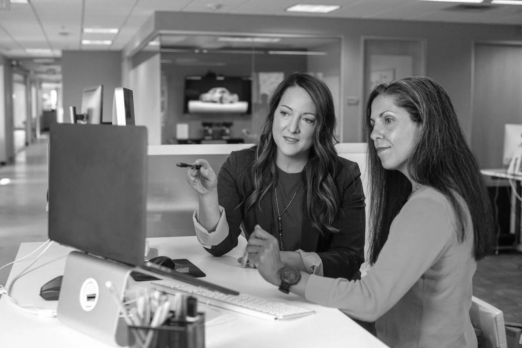 Two women colleagues looking at laptop screen