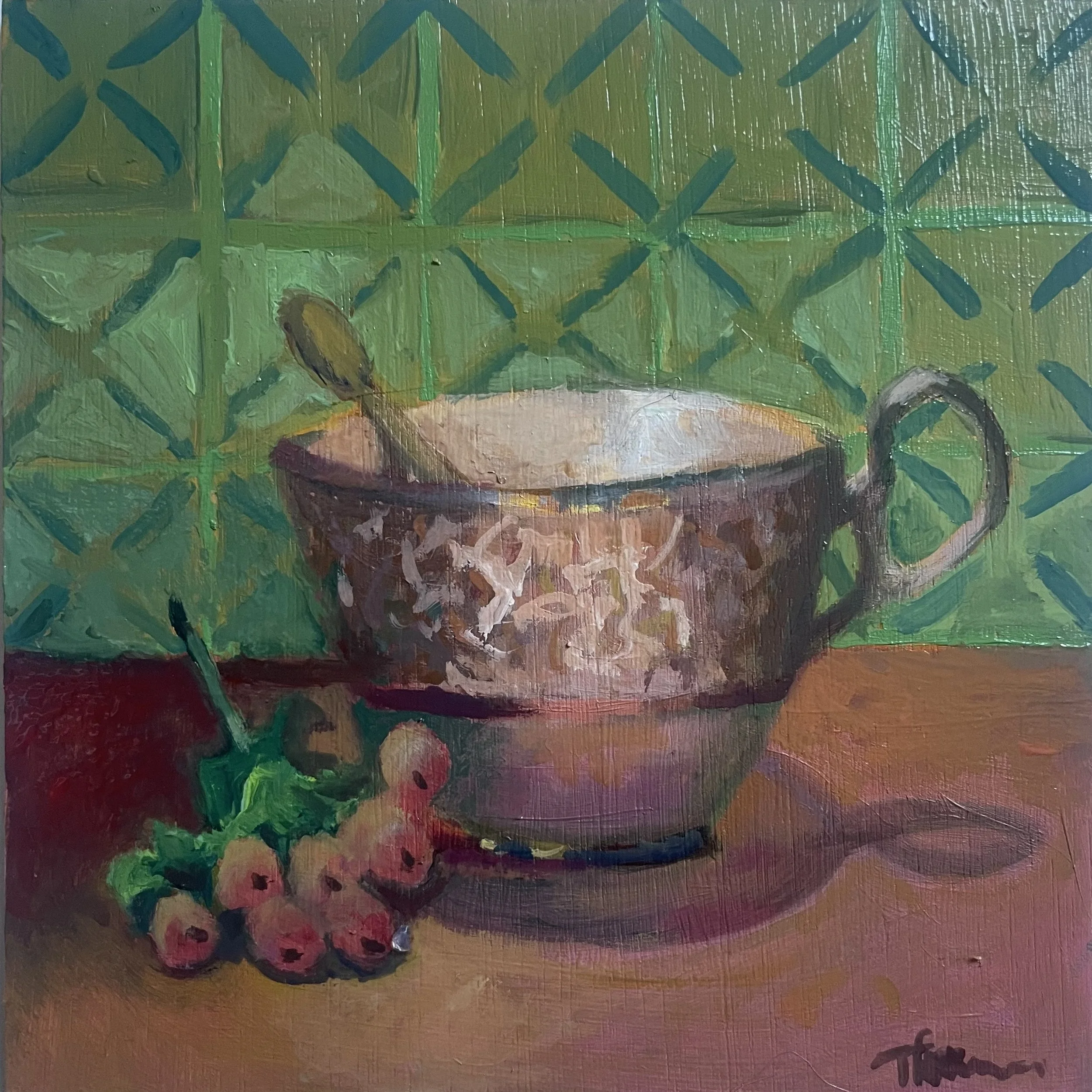 Cup, Spoon and Hypernicum Berries, 6x6in, oil on board (sold)