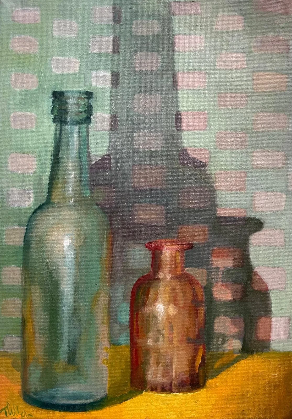 Two Blue Bottles, oil on canvas
