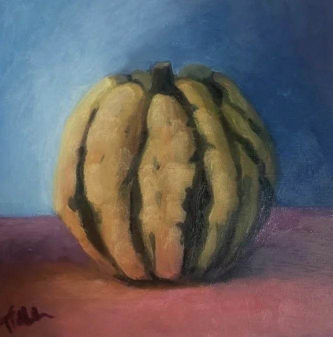 Squash on pink tablecloth, 6 x 6 in, oil on board