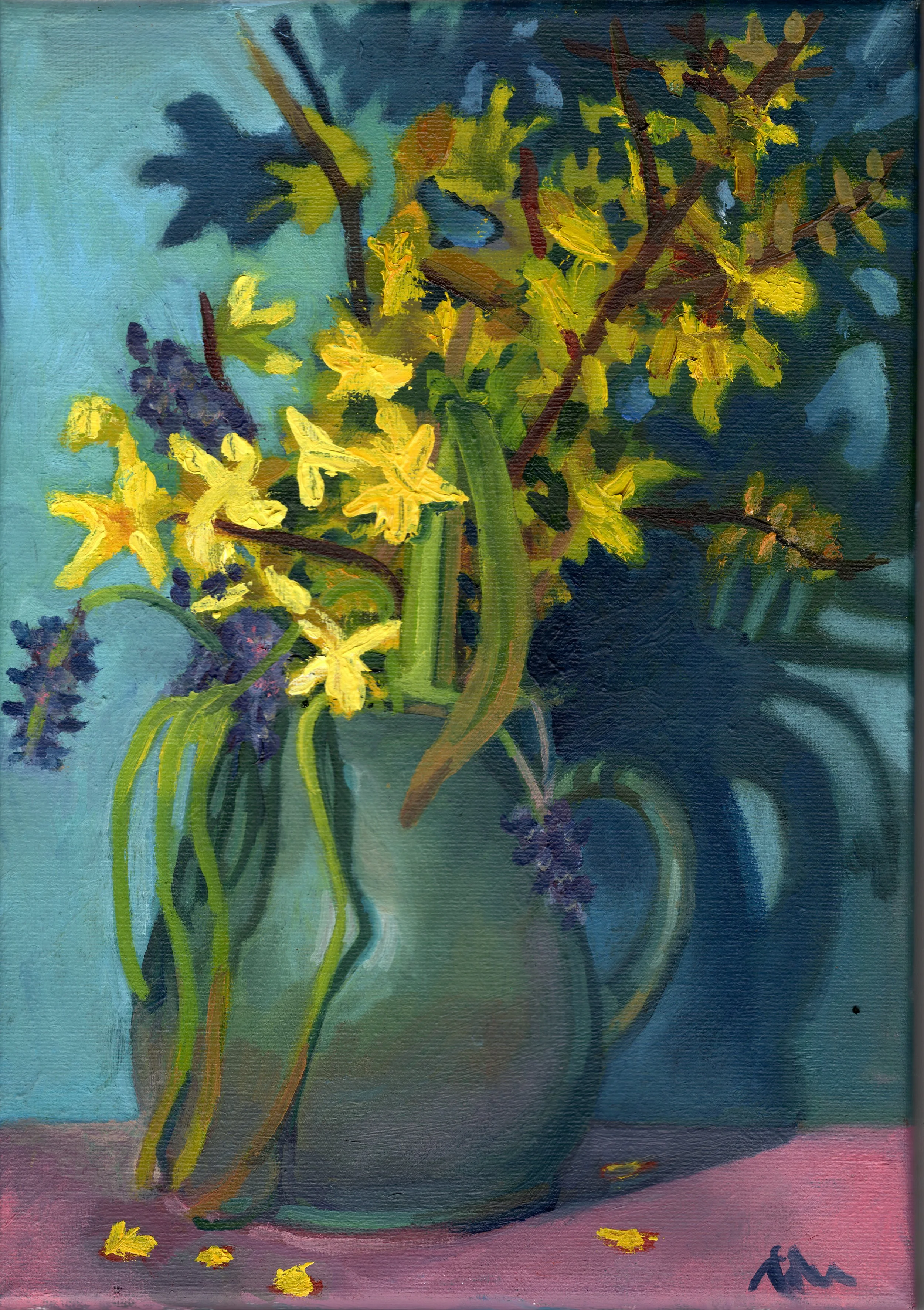 Forsythia & Grape Hyacinths, oil on canvas, 21x29.5cm (sold)