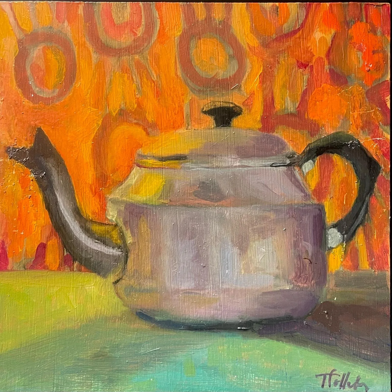Antique pewter kettle, 6x6in, oil on board