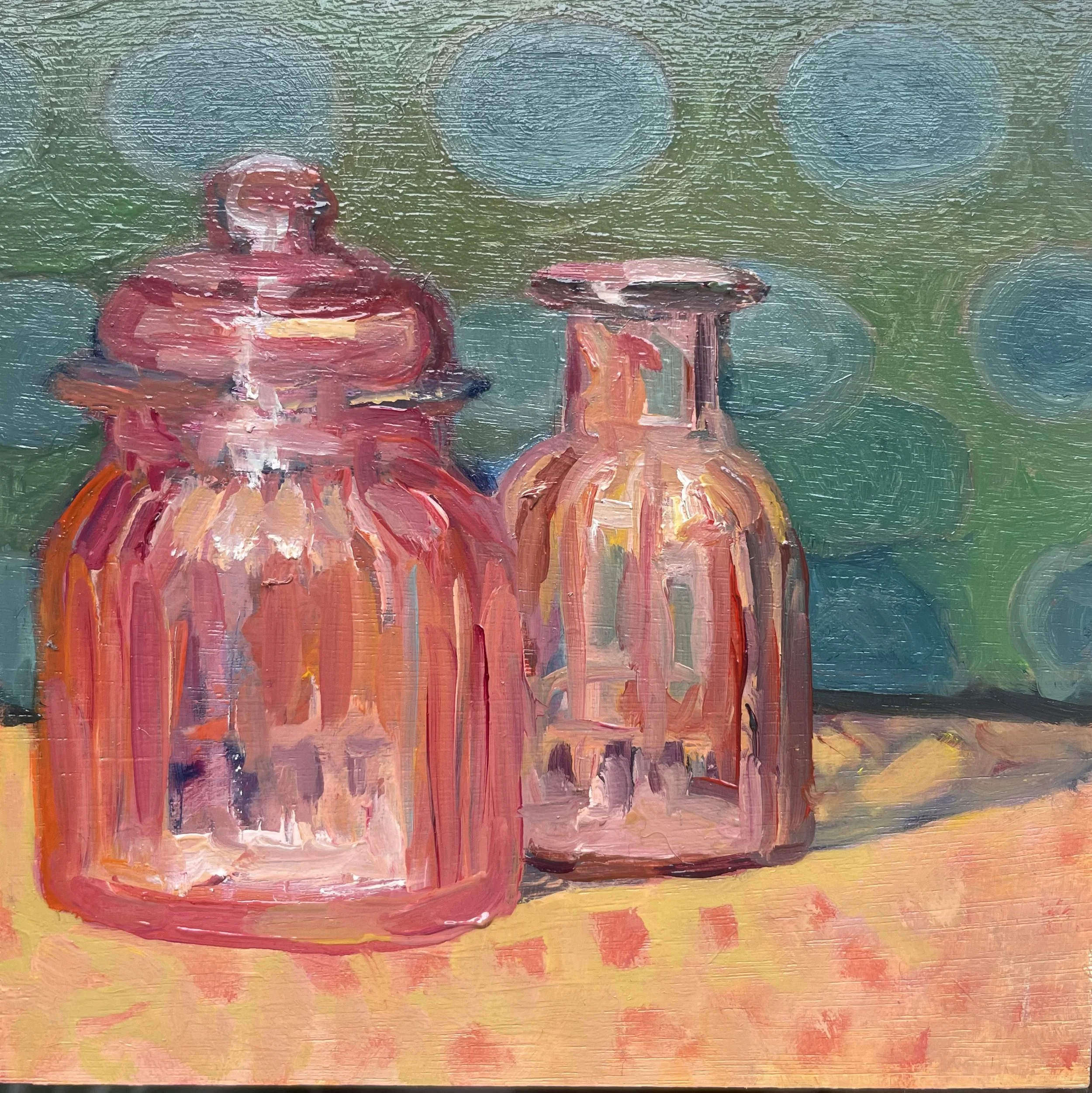 Two Pink Jars, 6x6in, oil on board