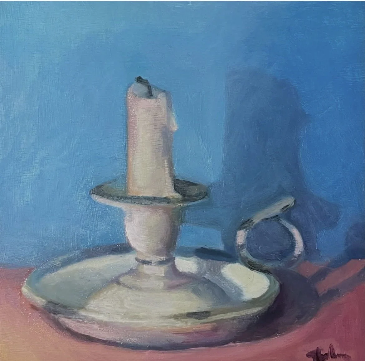 White candle with candlestick, 6x6in, oil on board