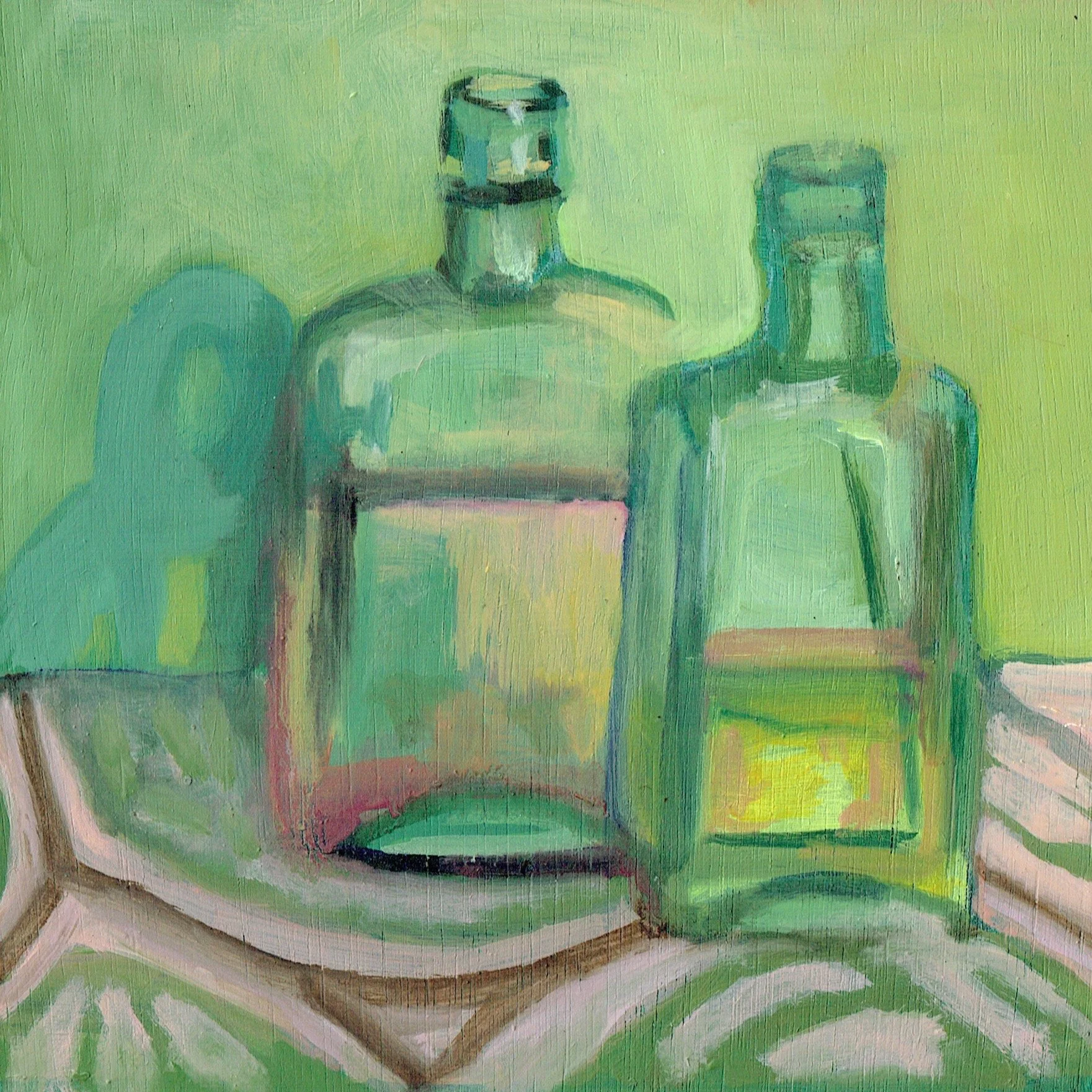 Two Green Bottles, 6x6in, oil on board (sold)