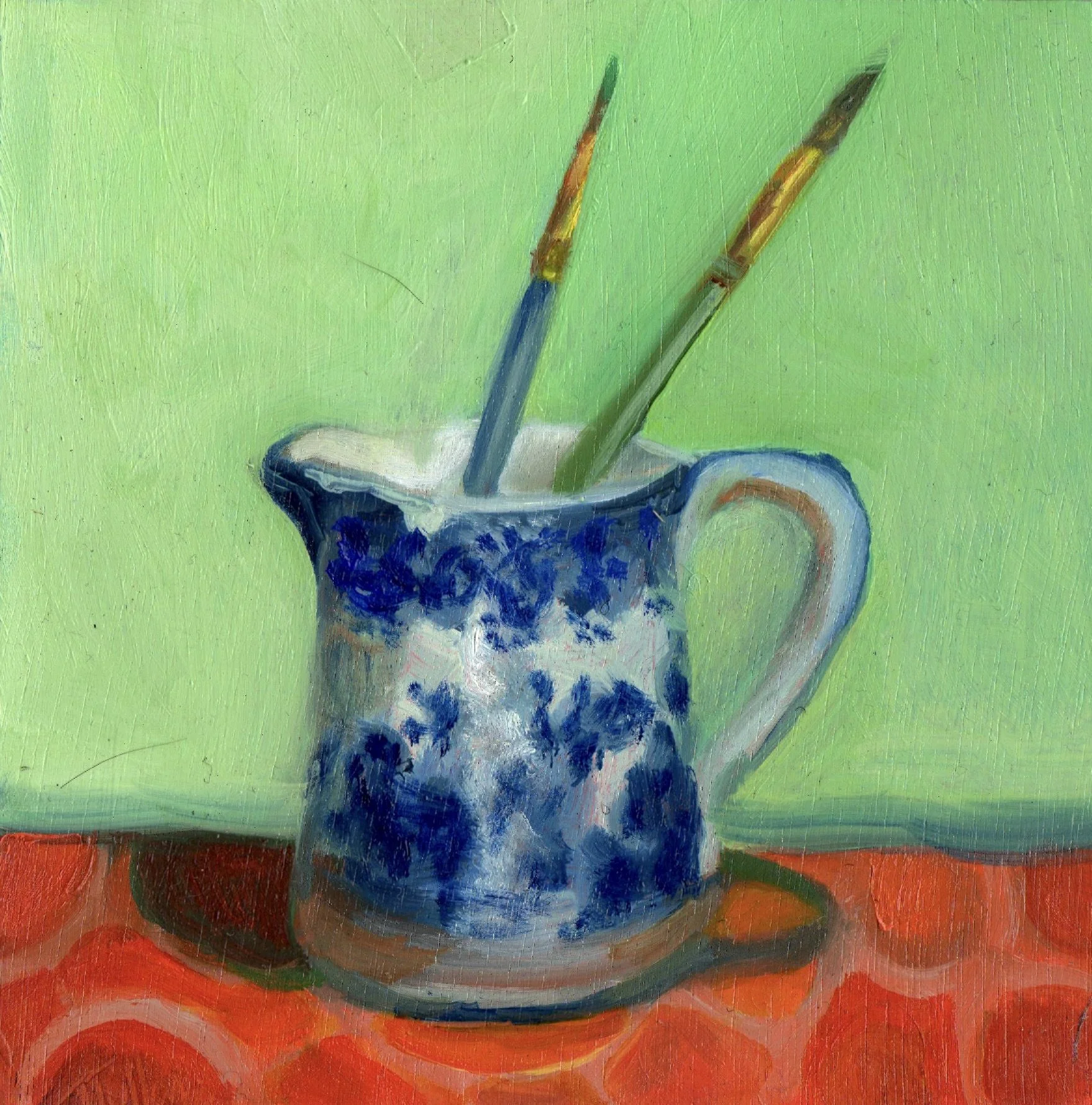 Jar with Two Brushes, 6x6in, oil on board (sold)