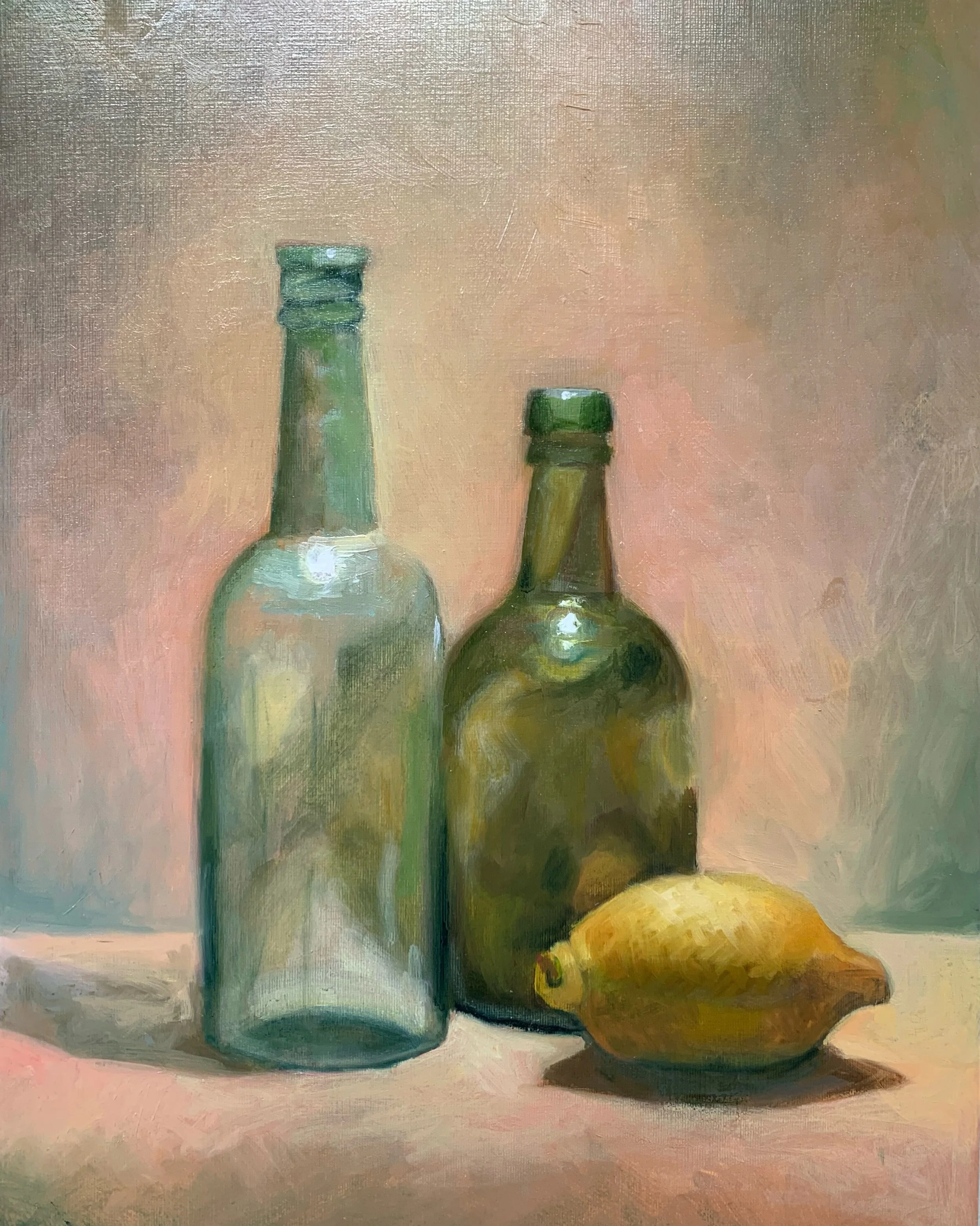 Bottles and a Lemon, 8x10in, oil on canvas (sold)
