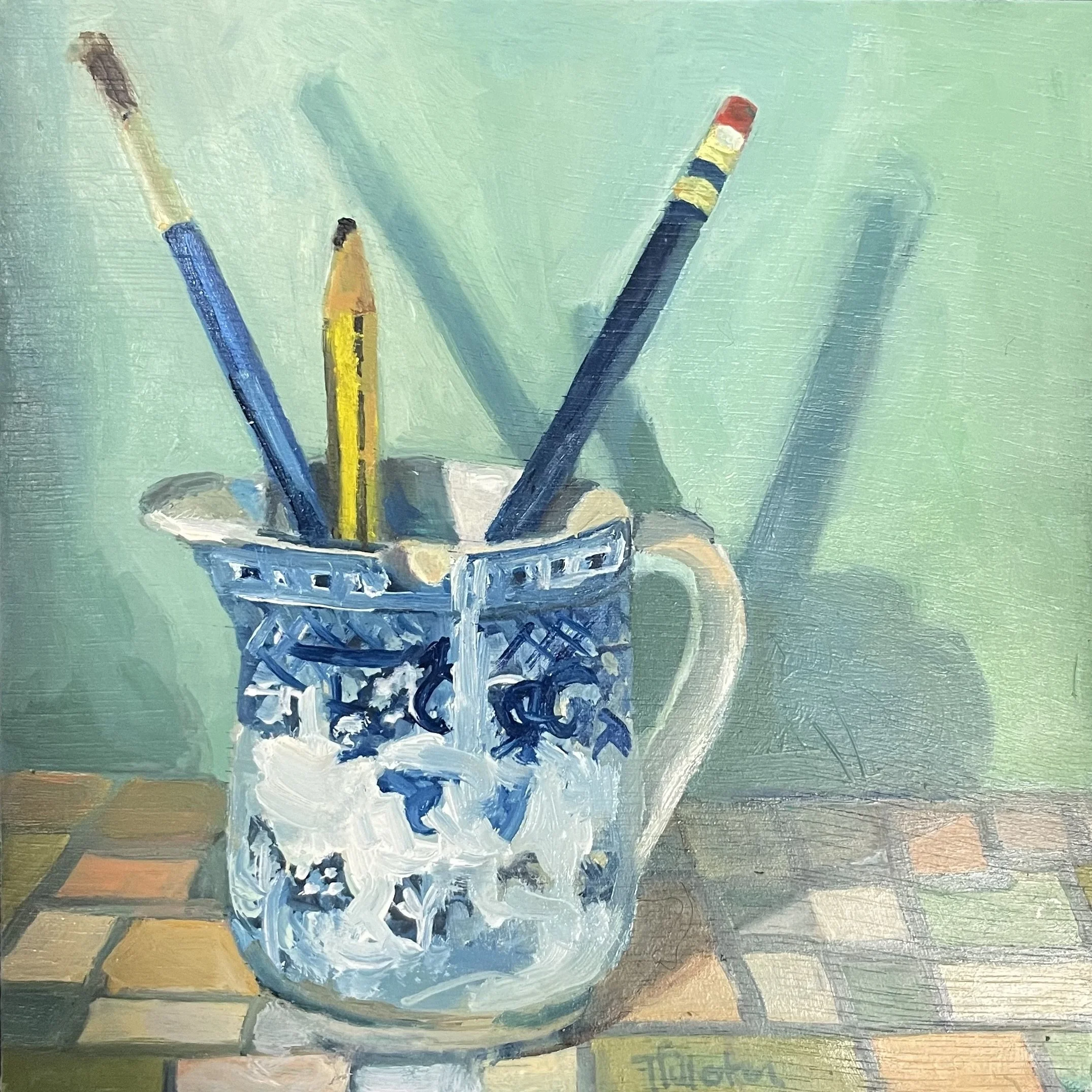 Jar with Two Pencils and a Paintbrush, 6x6in, oil on board