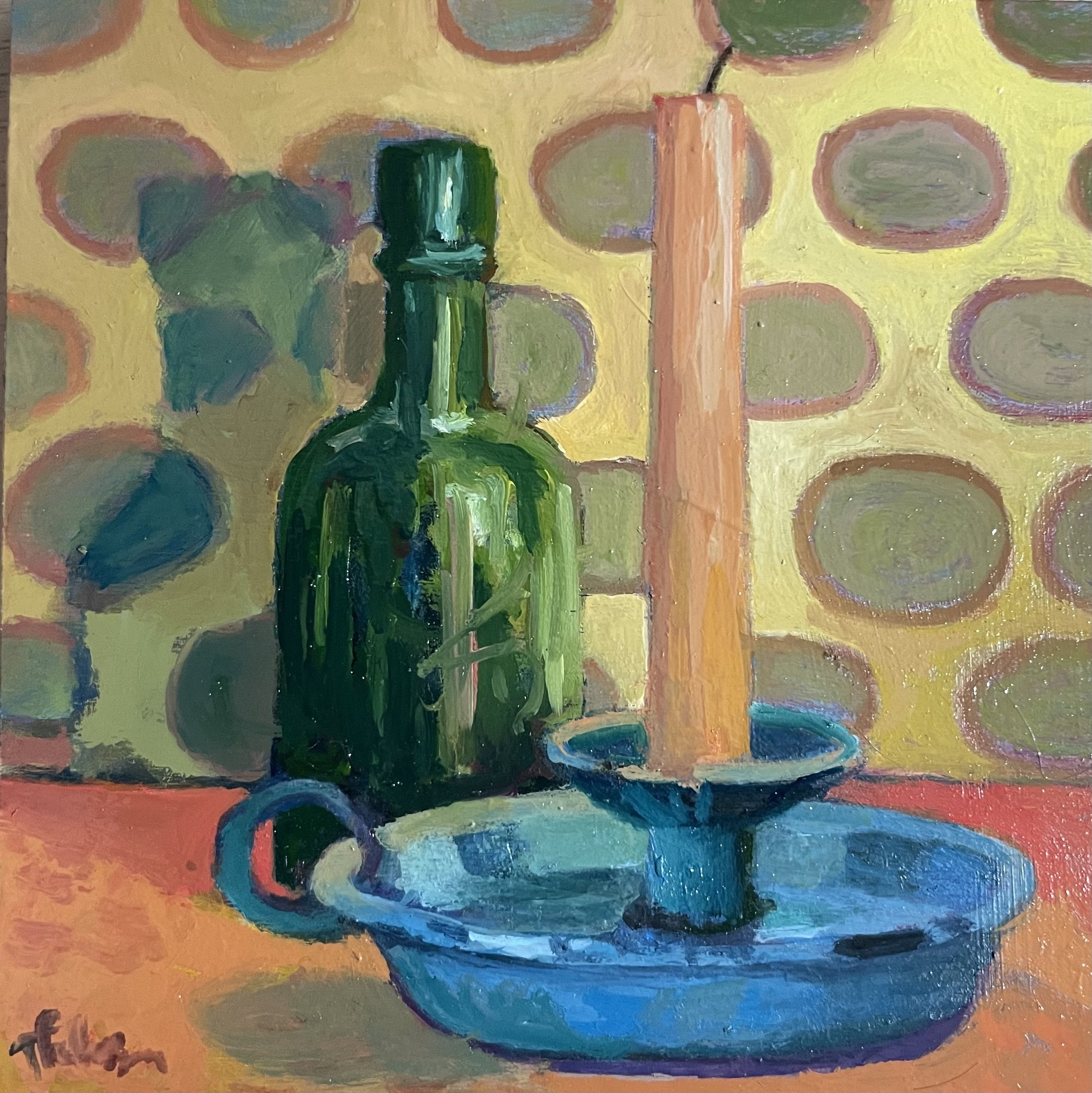 Candlestick with Green Bottle, 6x6in, oil on board