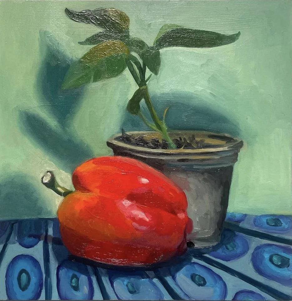 Pepper with Pepper Plant, 10x10in, oil on board (sold)