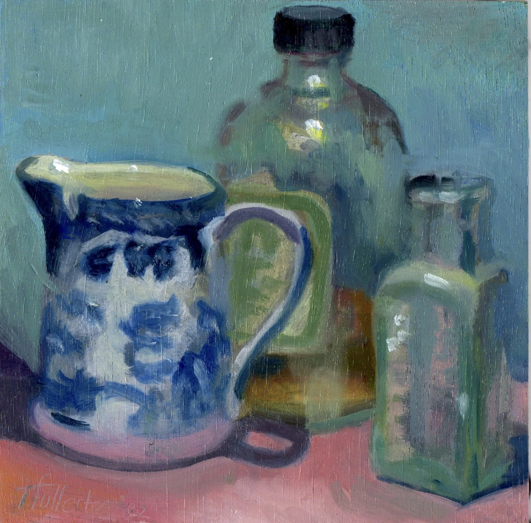 Jar and Two Bottles, 6x6in, oil on board (sold)