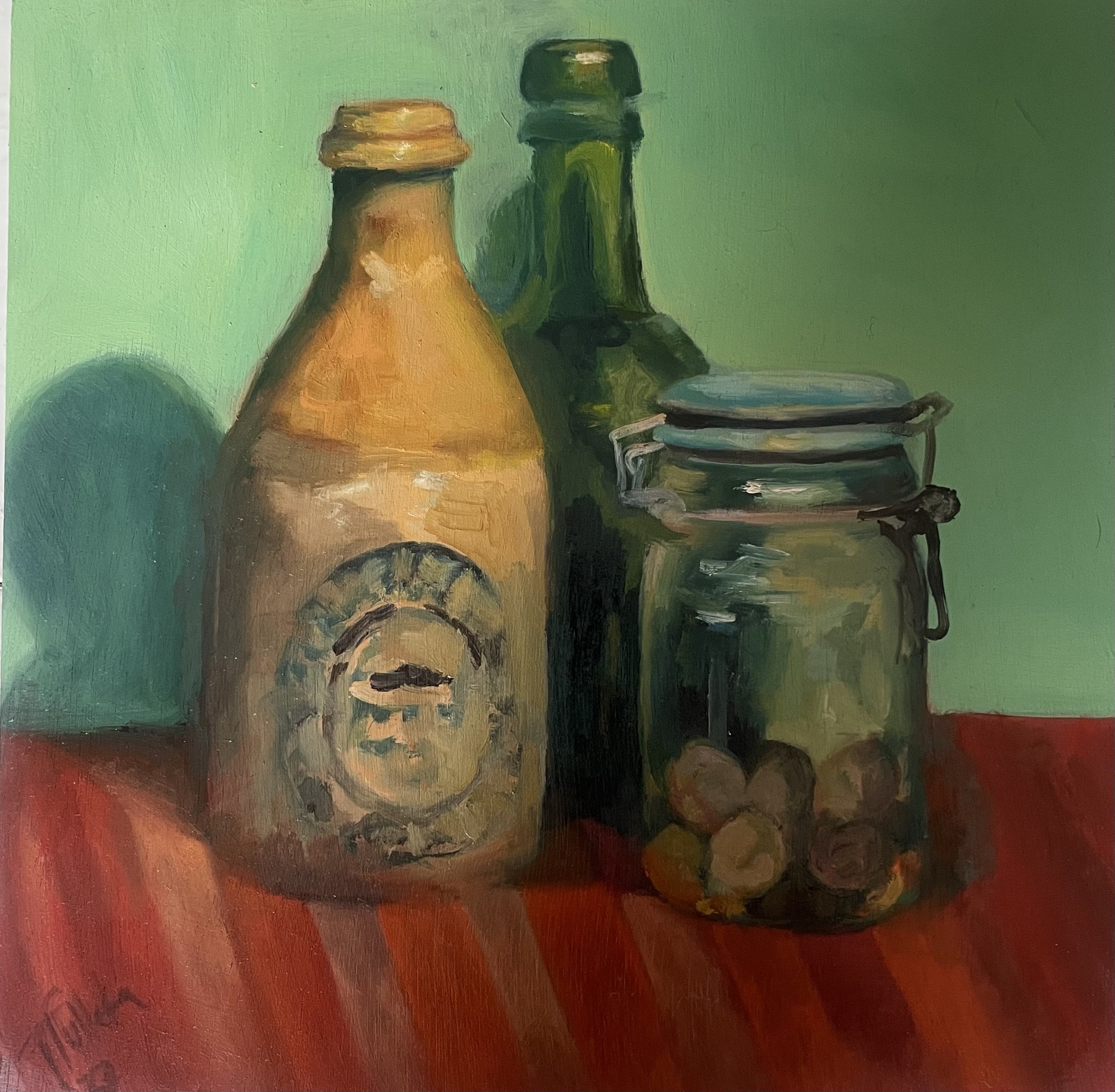 Bottles with Nutmeg Jar, 10x10in, oil on board