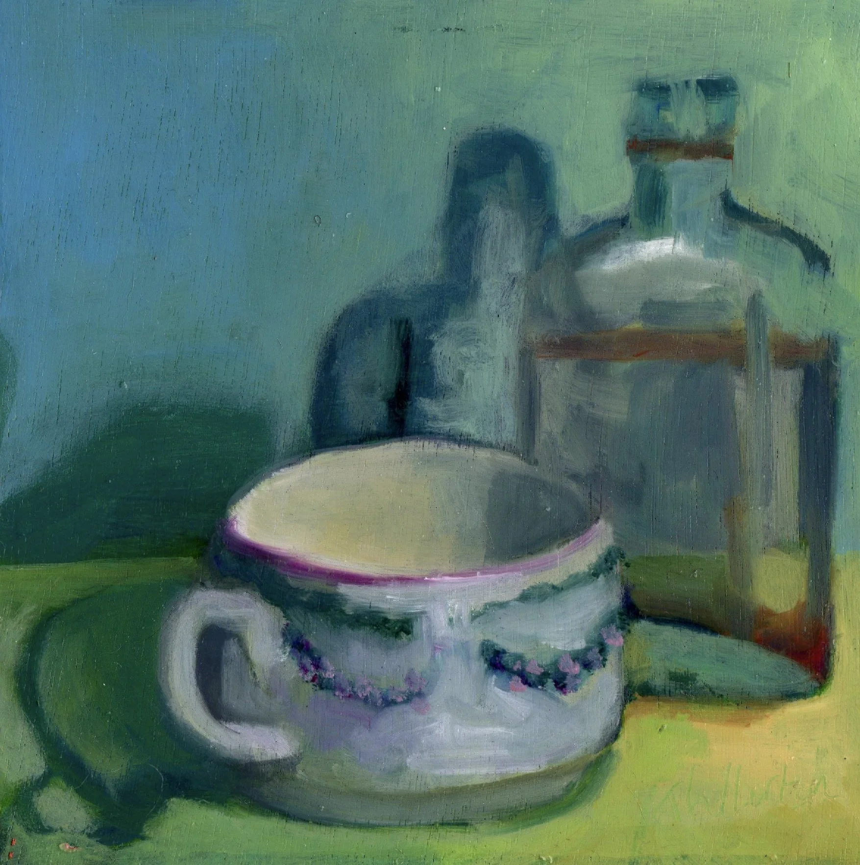 Cup and Bottle, 6x6in, oil on board (sold)