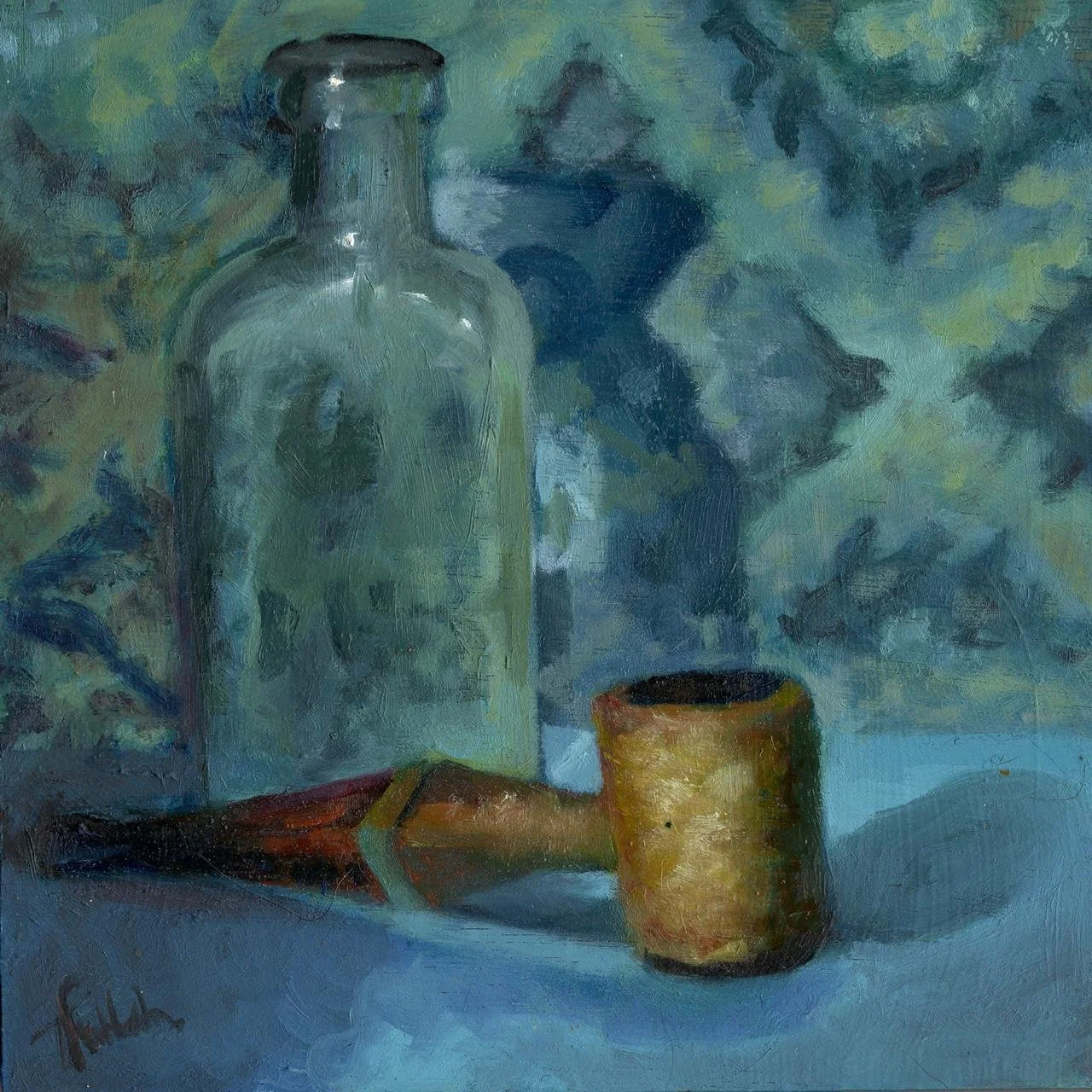 Pipe and Bottle, 6x6in, oil on board