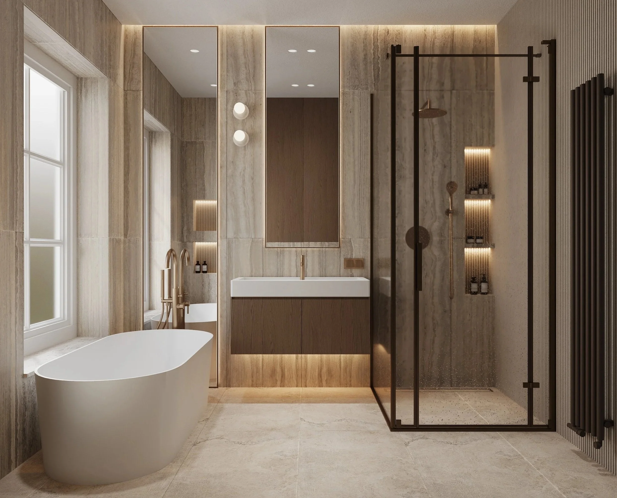Modern bathroom with a freestanding bathtub, a vanity with a large mirror, a walk-in shower with black framing, and natural-toned wall and floor tiles.