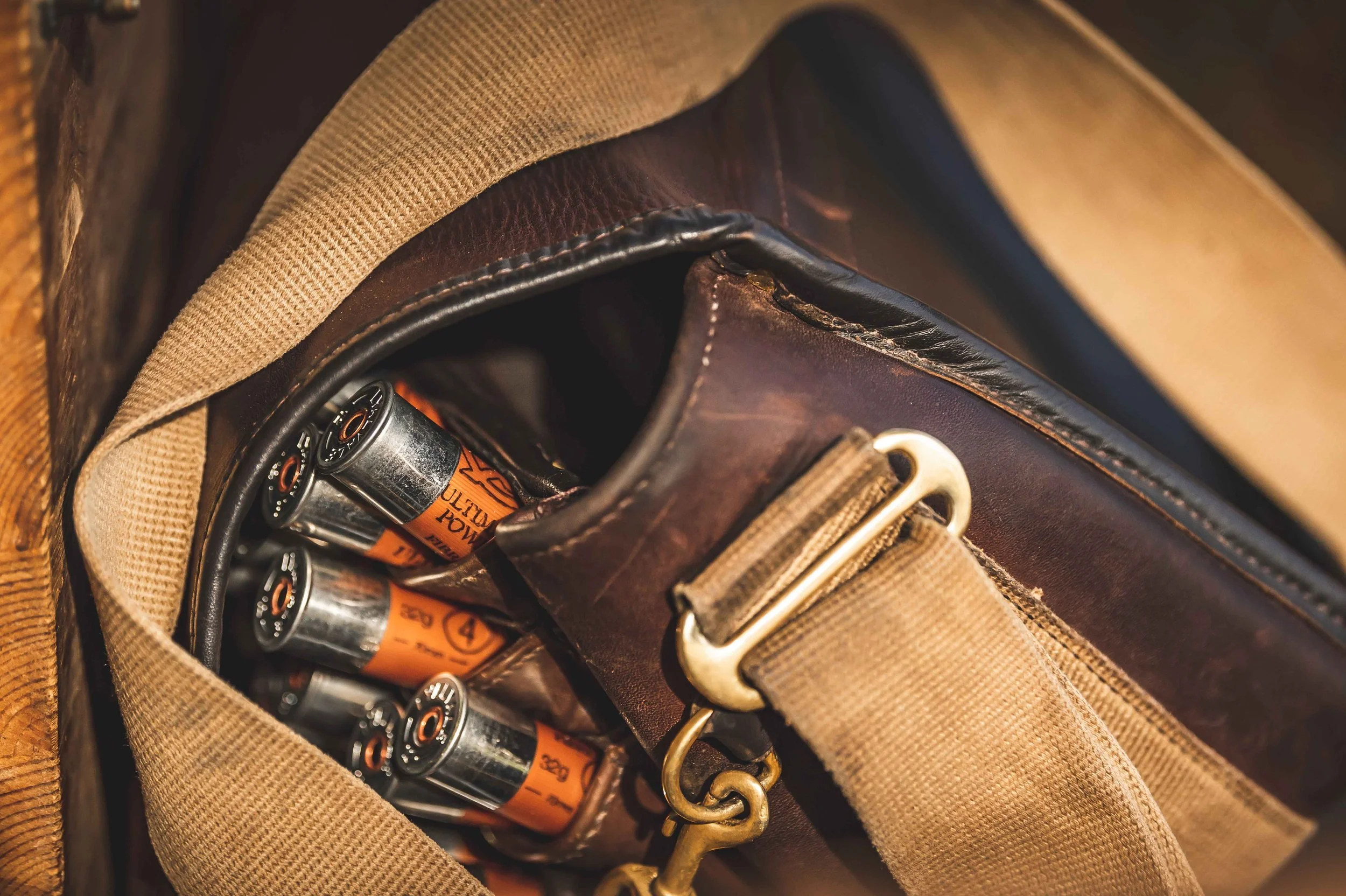 Close-up of cartridges in a leather field bag.