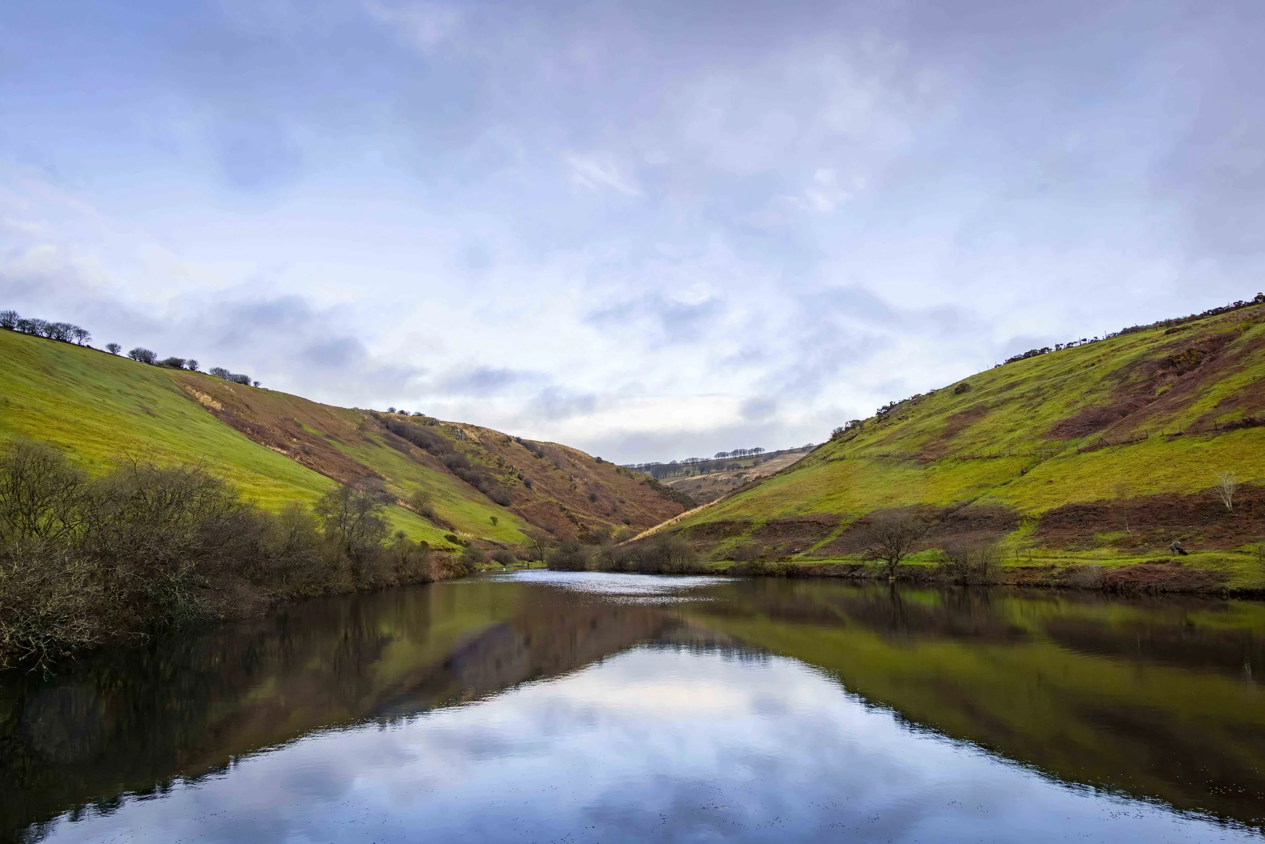 Panoramic view of the reservoir at Challacombe Sporting Club, Bray Valley, Exmoor; ideal for partridge shooting.