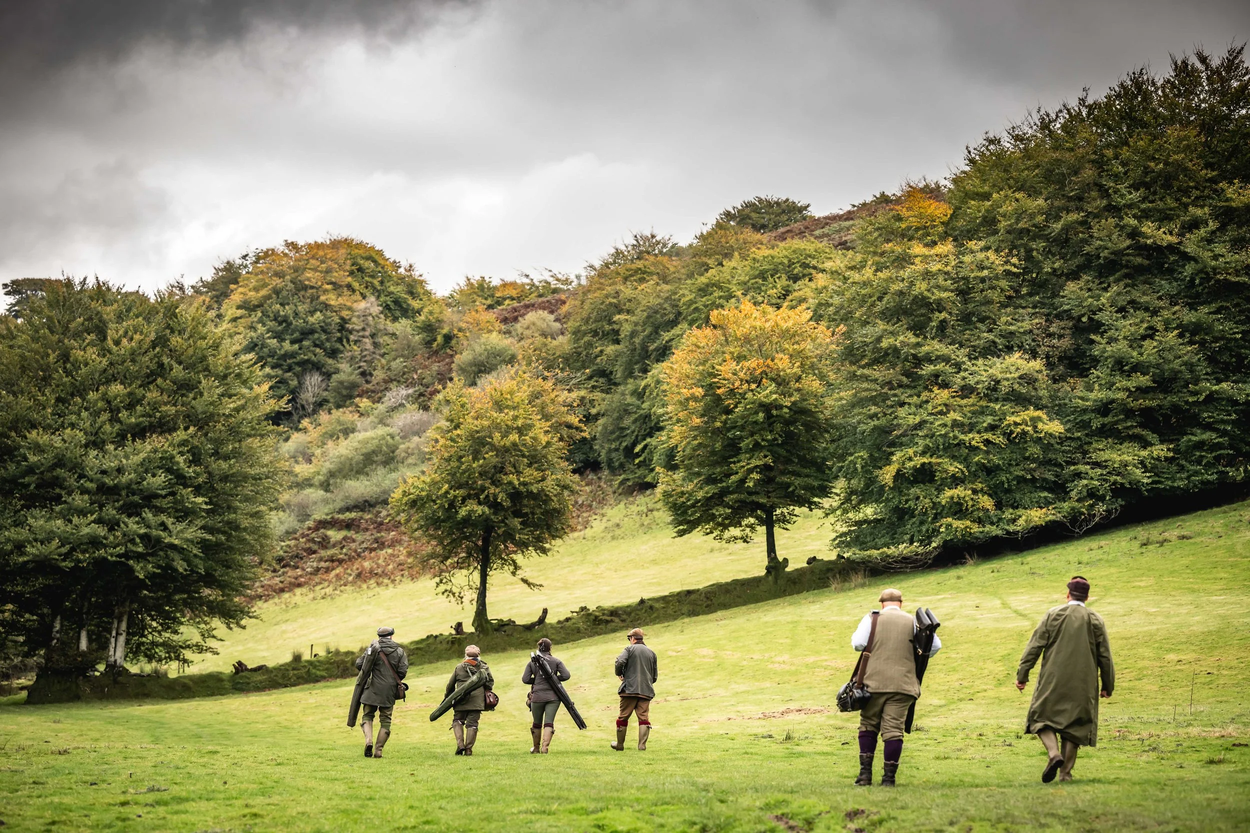 Guests in traditional field sport attire walking through an open field.
