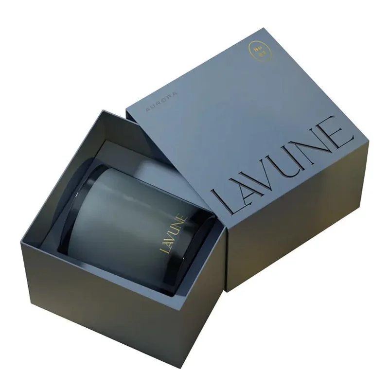 Charcoal luxury gift box with candle inside, perfect for premium scented product packaging.