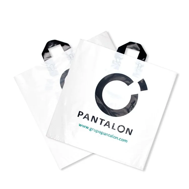 White recycled polythene bag with black loop handles and green print, perfect for eco-friendly retail use.