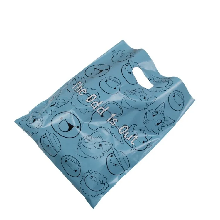 Blue recycled polythene bag with patch handle and black print, ideal for sustainable retail packaging.