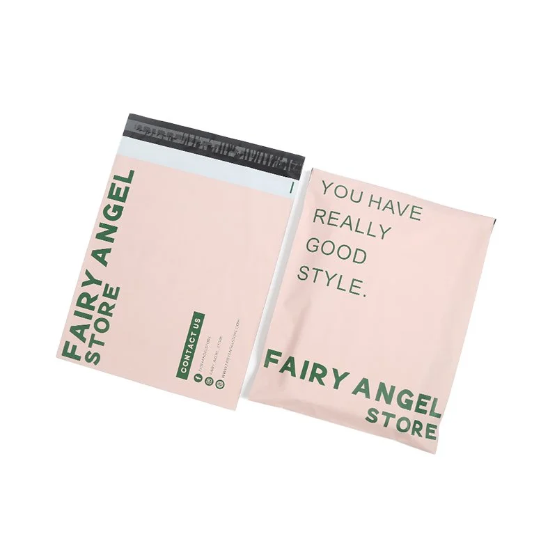 Light pink poly mailer with green logo and text on both sides, perfect for branded shipping.