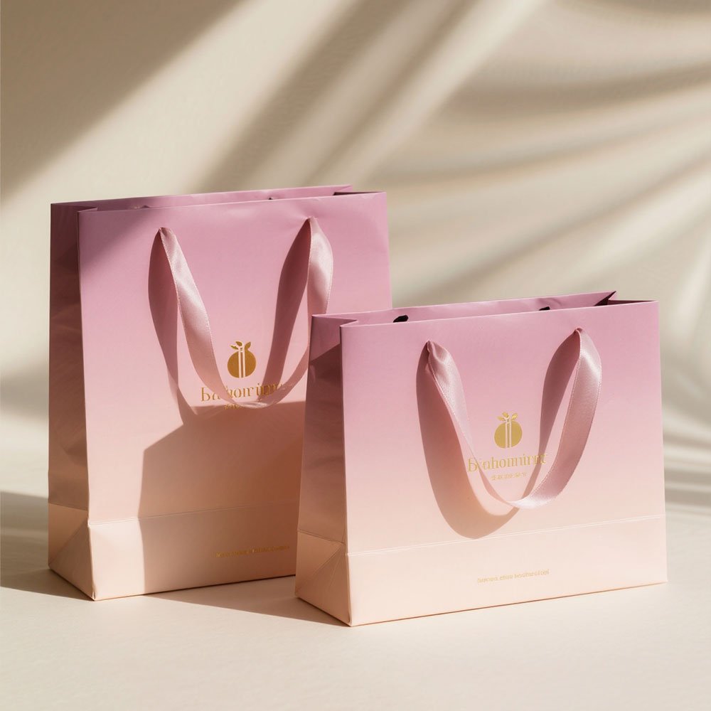 Ombre pink luxury paper bag with satin ribbon handles, perfect for premium gift packaging.