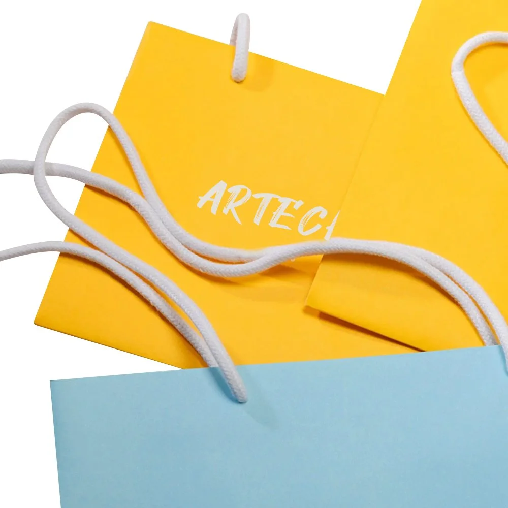 Set of colourful paper gift bags with white logo and rope handles, ideal for branded retail presentation.