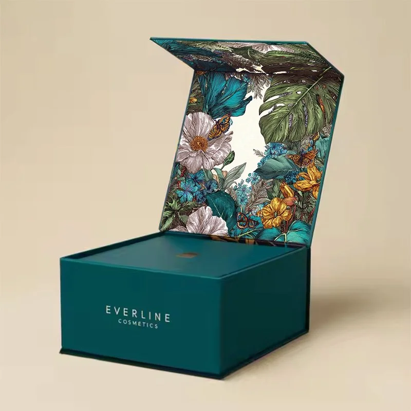 Green luxury rigid gift box with botanical print inside lid, ideal for cosmetics or high-end gifting.