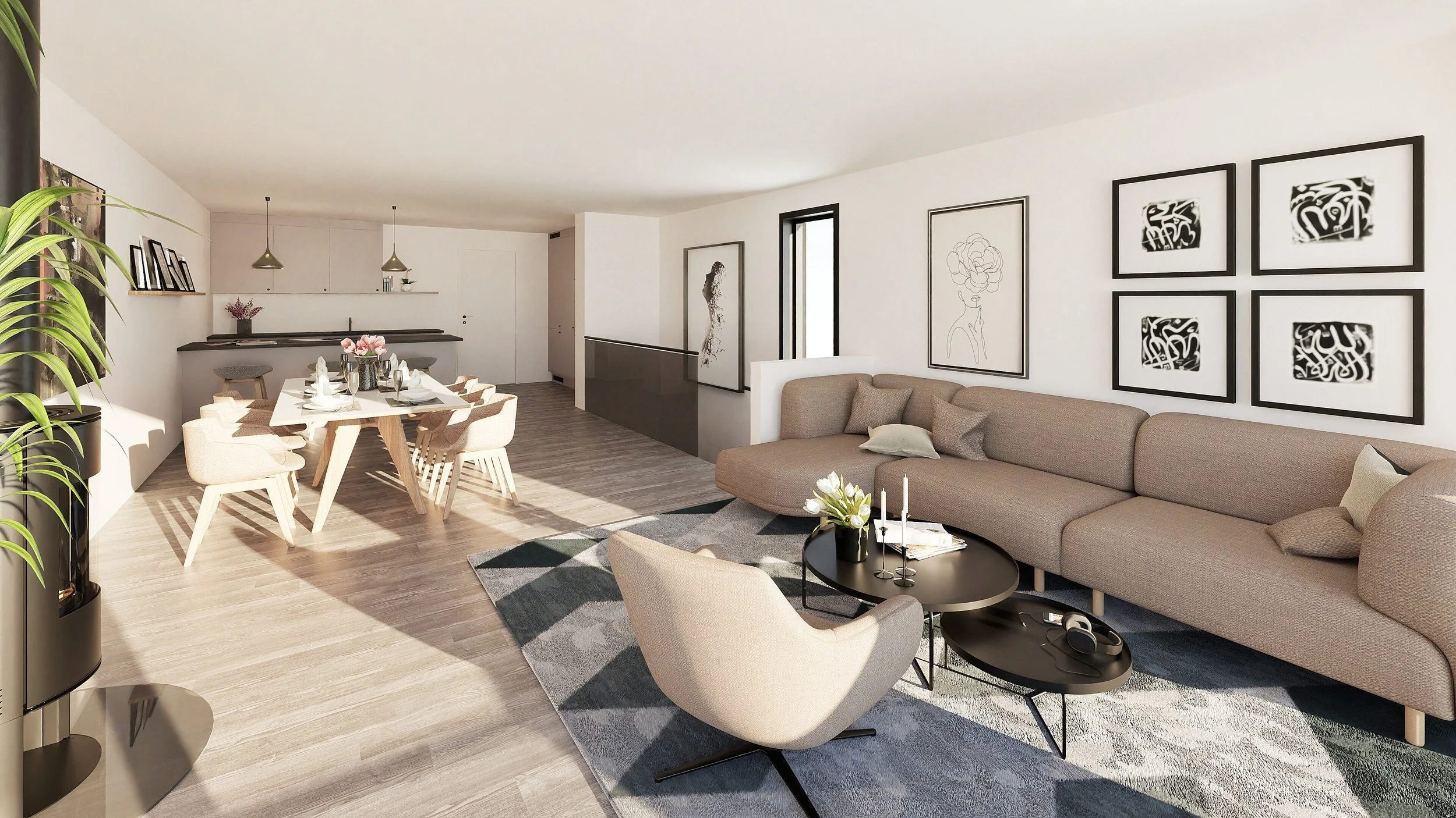 Åpen plan stue og kjøkken med beige sofa, svart kaffebord, beige armstol, veggdekor av seks kunstverk, og spisebord med åtte stoler, store vinduer, og moderne interiør.