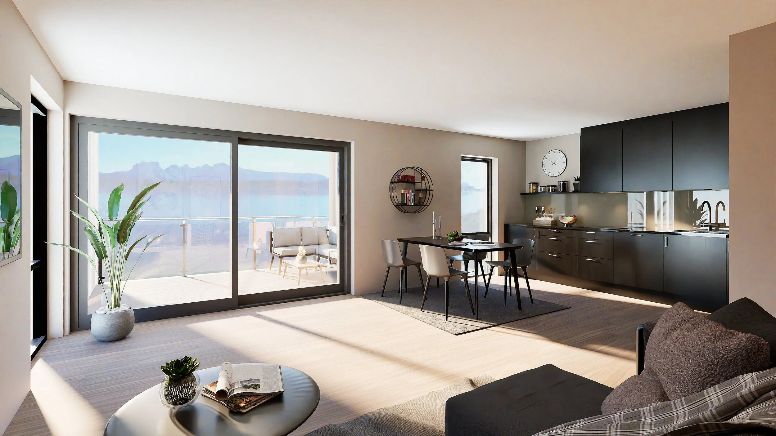 Sjøåsan- Lys og moderne Leilighet med moderne stue med stor glassdør som åpner mot en balkong med utsikt.