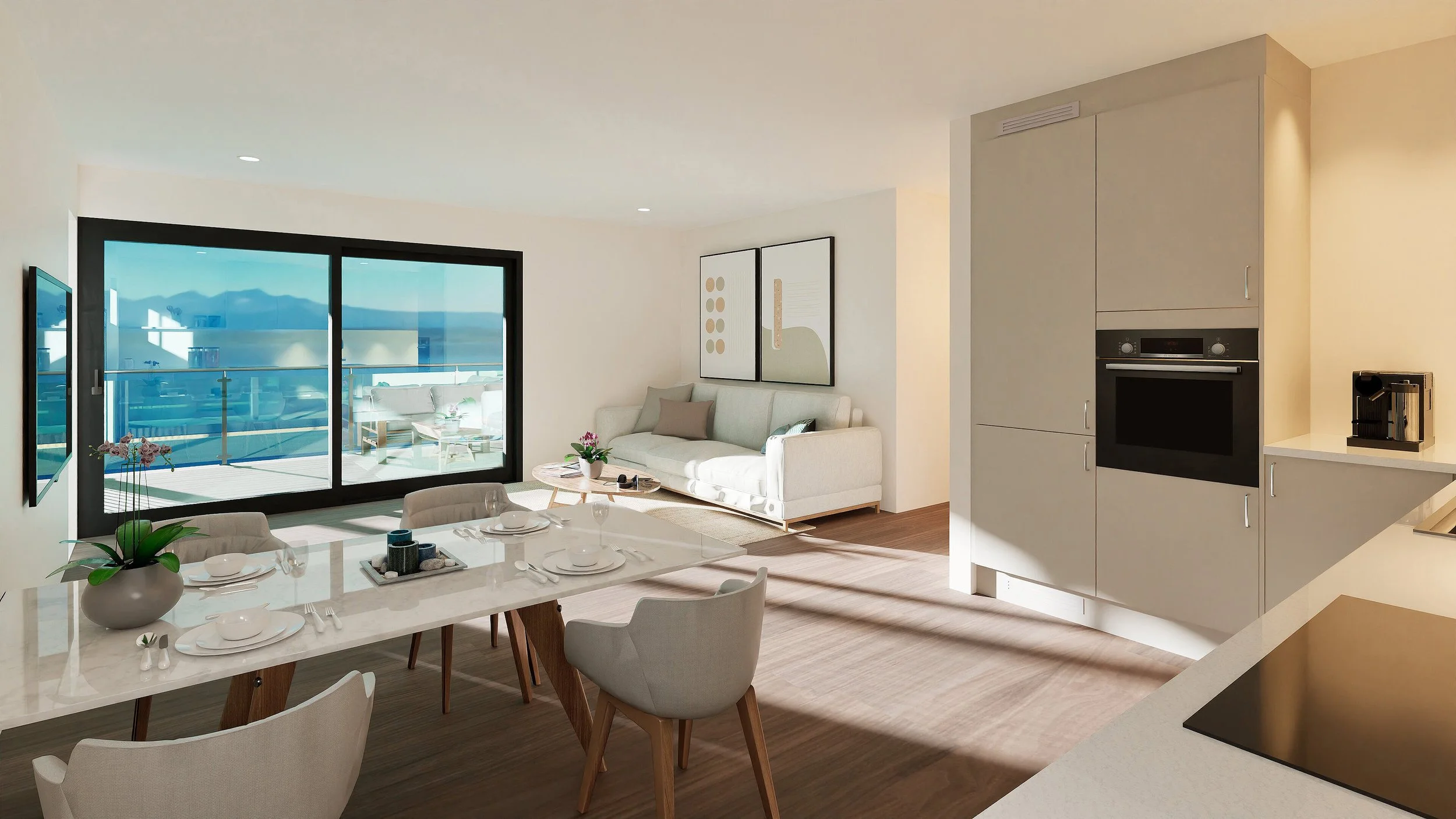 Sjøåsan leilighet med spisestue, stue og balkong med havutsikt. 