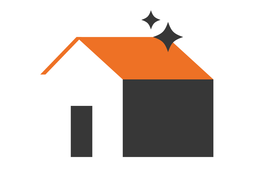 Illustration simple d'une maison avec un toit orange, deux étoiles brillantes au-dessus, et deux graphiques en barres à côté.