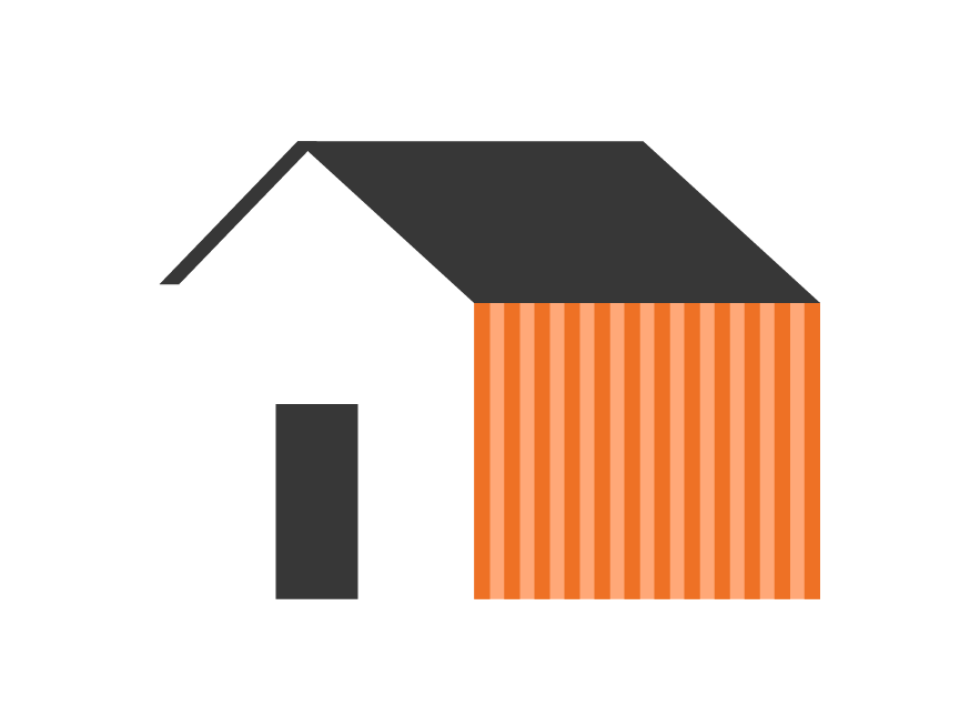 Une maison en style minimaliste avec un toit gris, une porte noire et un mur avec rayures orange et beige.