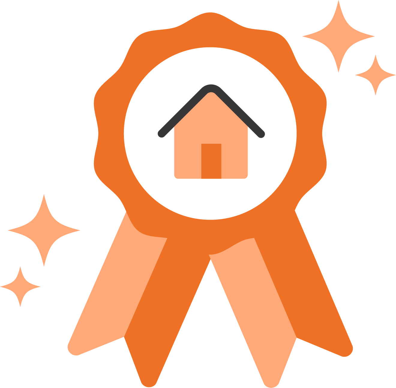 Une médaille d'honneur avec un symbole de maison au centre, entourée de rubans orange et décorée de petites étoiles