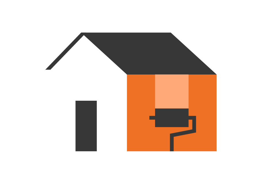 Illustration d'une maison avec un toit en pente, une cheminée et un mur en orange, à côté de deux barres horizontales