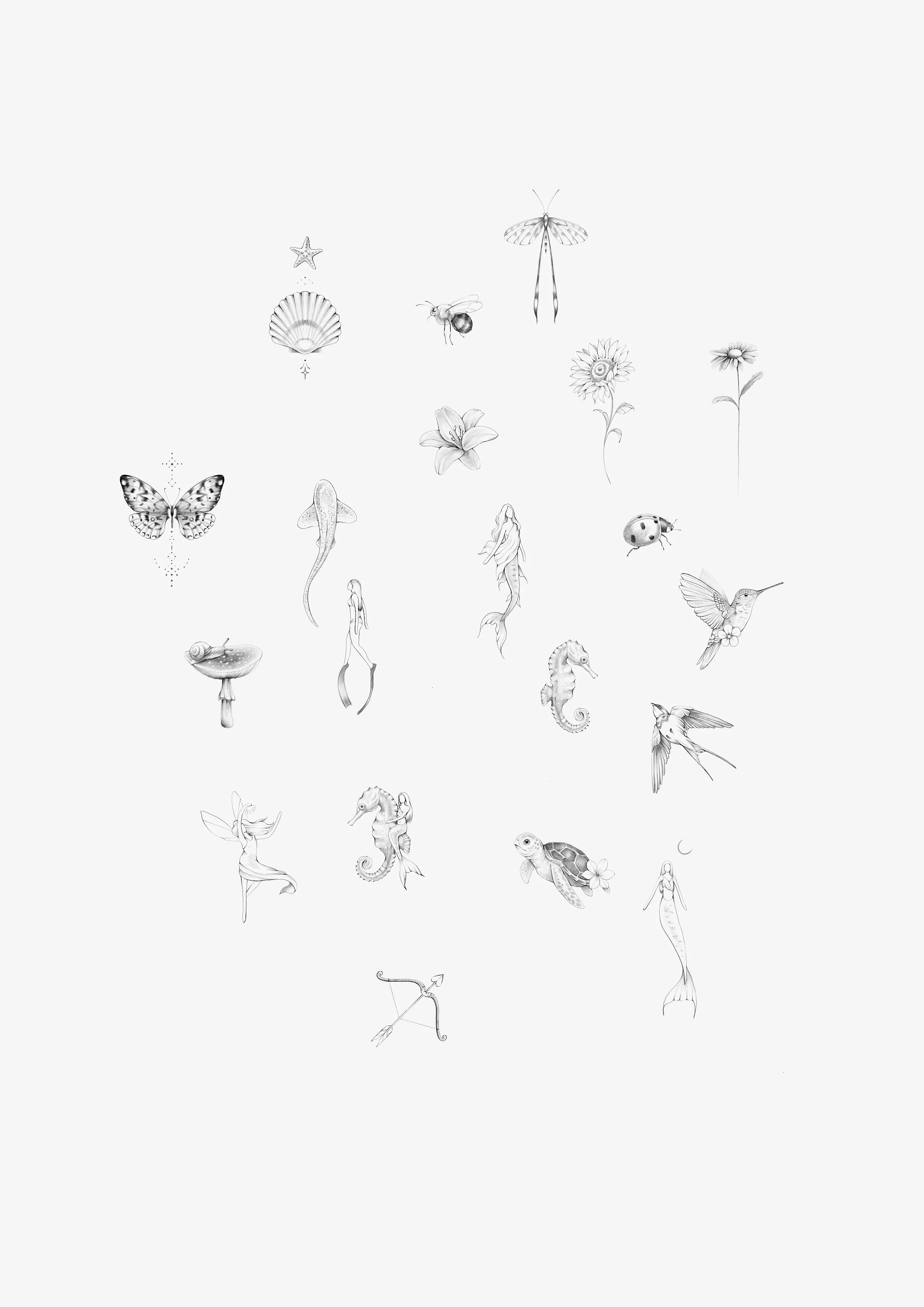 Ilustraciones en tonos grises de diferentes animales marinos, insectos y figuras humanas, incluyendo mariposas, conchas, una abeja, un camarón, tortugas, un mandril, un león marino, un gorila, un colibrí, una libélula, un pez, y otras figuras en esti