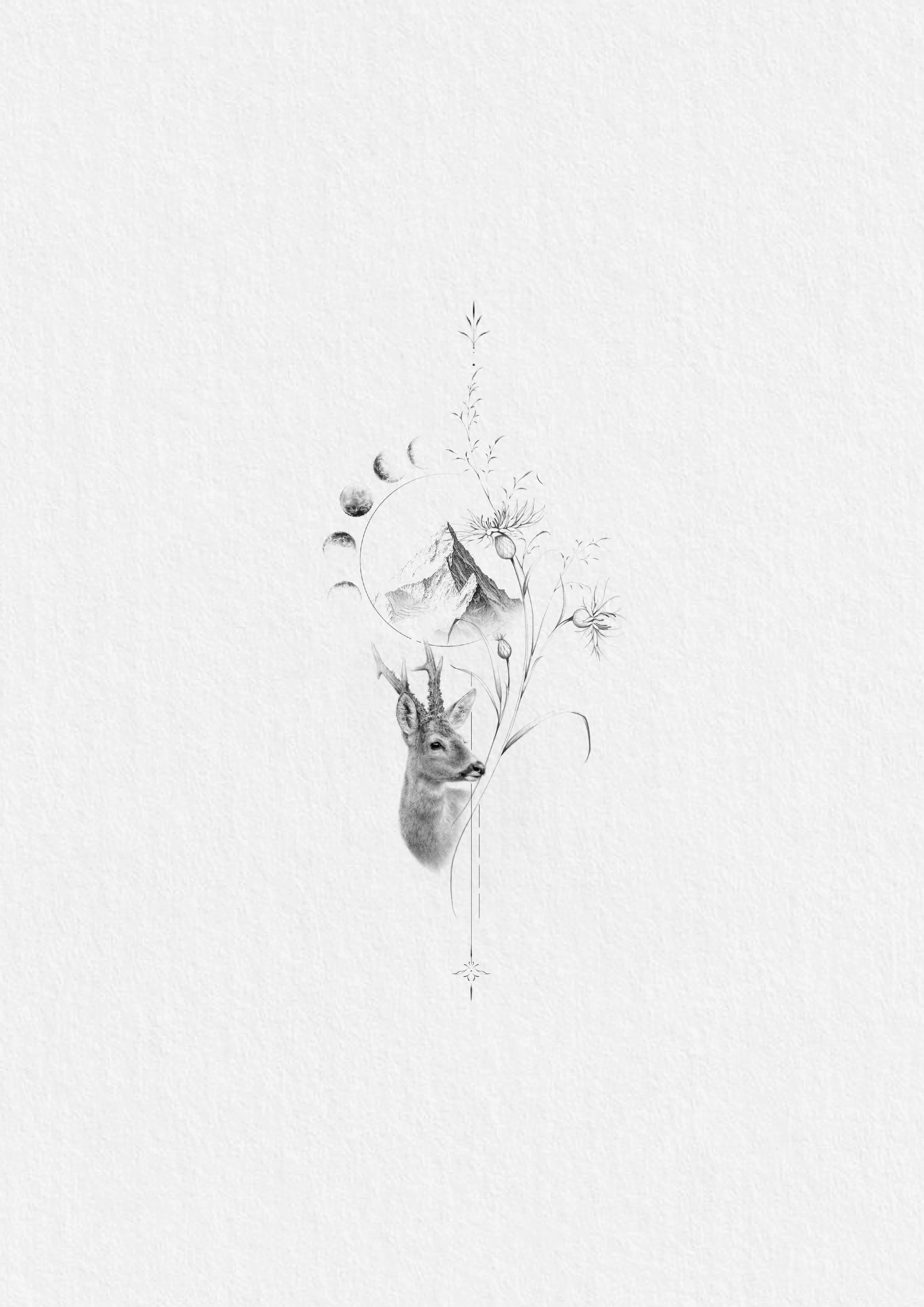 Ilustración en tonos de gris de una cabeza de ciervo en la parte inferior, de la cual emergen plantas, flores y la forma de una montaña en el centro de la imagen, con elementos naturales y luna en diferentes fases en la parte superior izquierda.