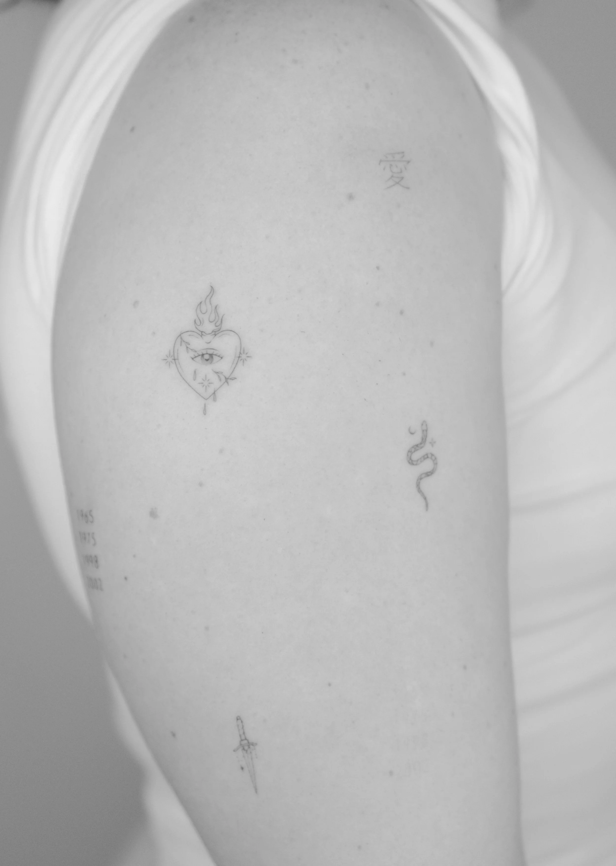 Dibujo de un corazón con un ojo en el centro, una llama saliendo de arriba y estrellas a su alrededor, en un lado hay caracteres en chino y en el otro un símbolo de serpiente.