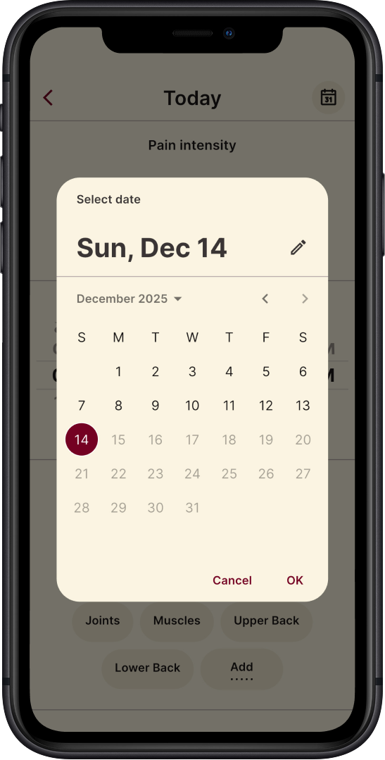 Smartphone screen displaying a date picker set to Thursday, August 28, 2025, with options to cancel or confirm.