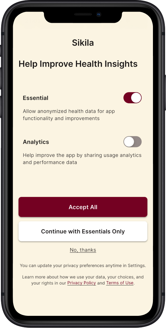 Mobile phone screen displaying the Sikila app privacy settings page, including options to toggle essential and analytics data collection and buttons to accept or continue with selected privacy settings.