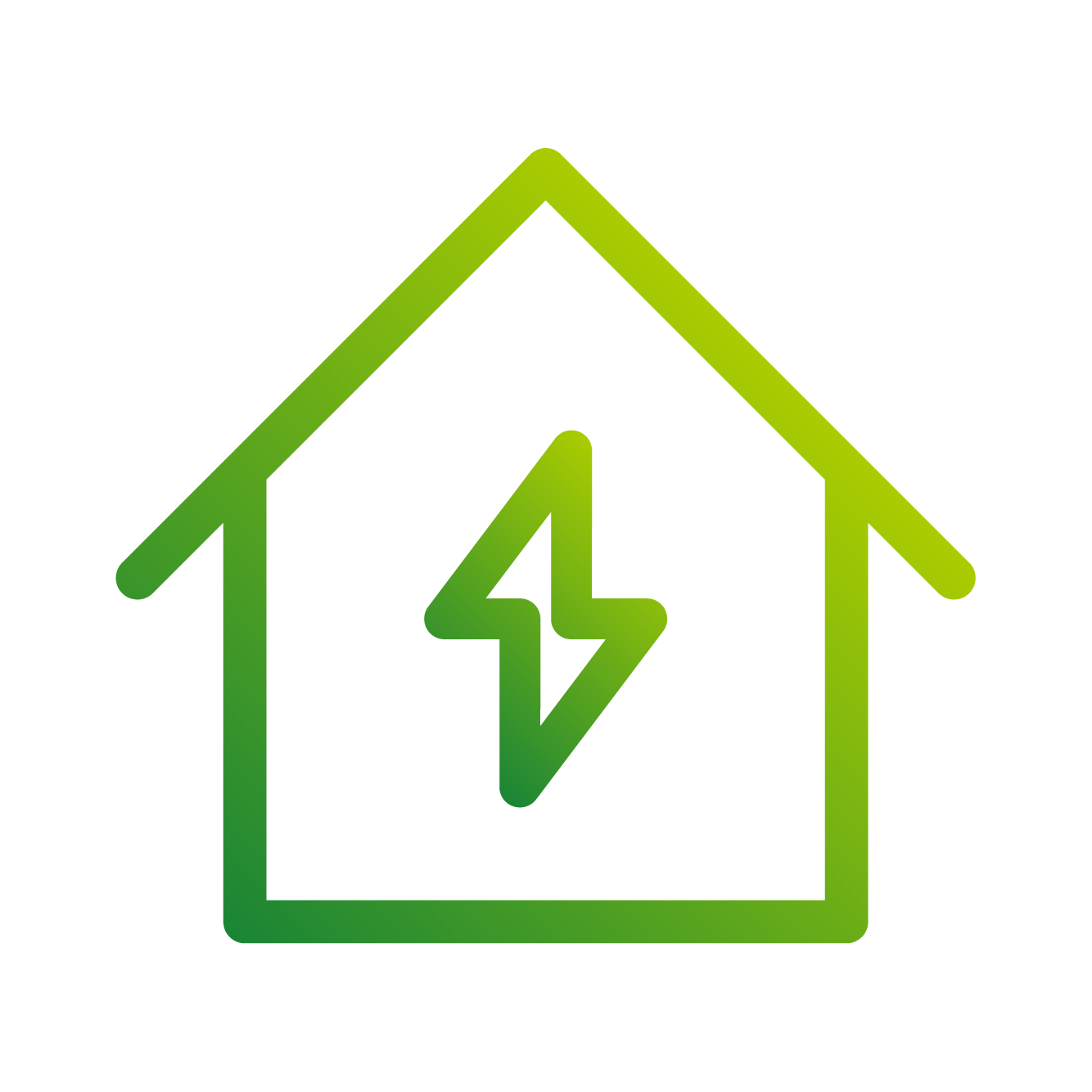 Green outline of a house with a lightning bolt inside, indicating renewable or clean energy.