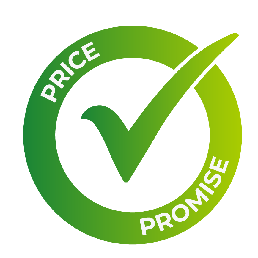Green circular badge with a check mark in the center, the words "Price" and "Promise" on the outer ring.